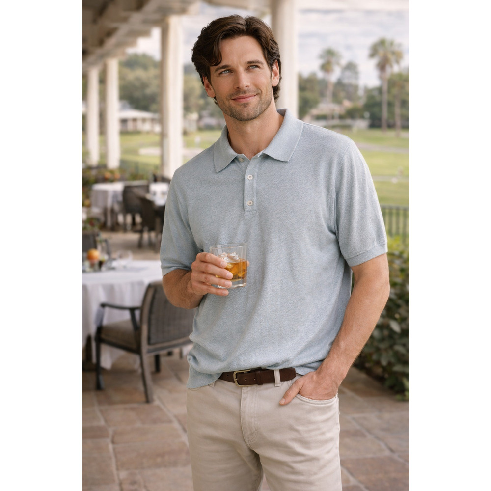 Stafford Mens Mint Mist Short Sleeve Silk Cotton Blend Polo Sweater Size M NWT